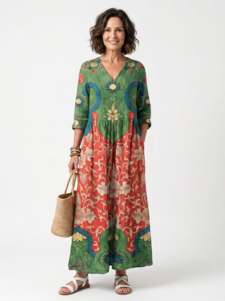 XAVIERE - Mixed Print V-Neck Pocket Midi Dress