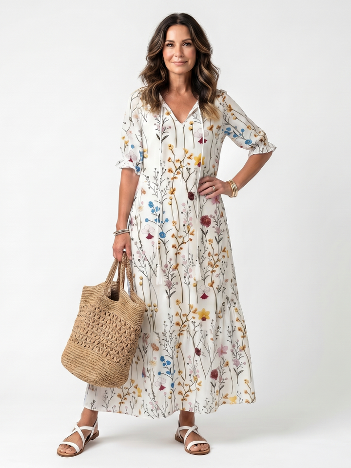 CAPRICE - Botanical Tassel-Tie Midi Dress