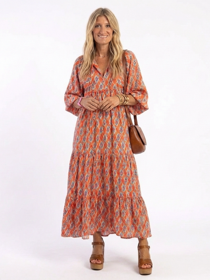 DELIA - Geometric V-Neck Tiered Midi Dress