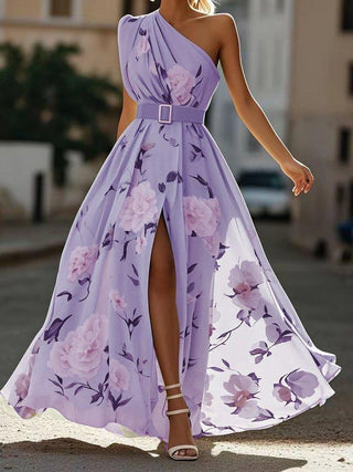 Magnolia™ - Light Green Floral Chiffon One-Shoulder Maxi Dress