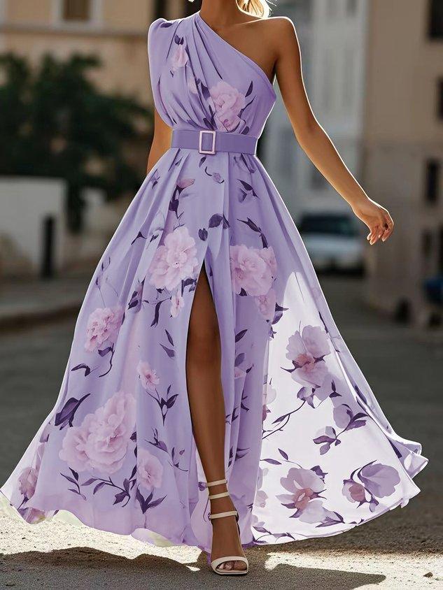 Magnolia™ - Light Green Floral Chiffon One-Shoulder Maxi Dress