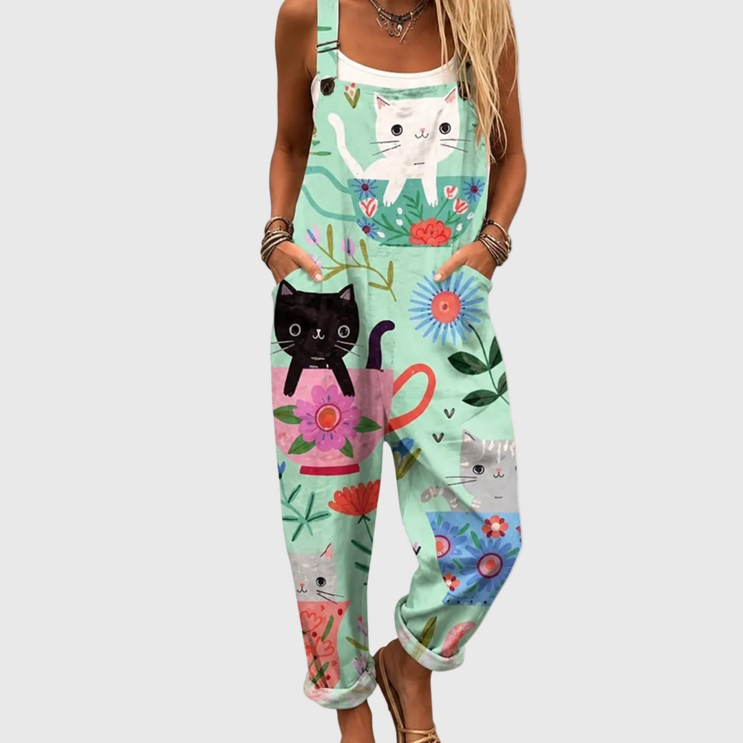 TAMSIN Playful Cat & Floral Print Jumpsuit