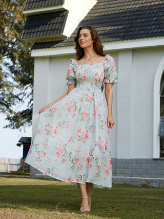 ARLETTE™ - Puff-Sleeve Chiffon Pocket Dress