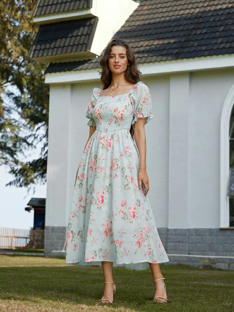 ARLETTE™ - Puff-Sleeve Chiffon Pocket Dress
