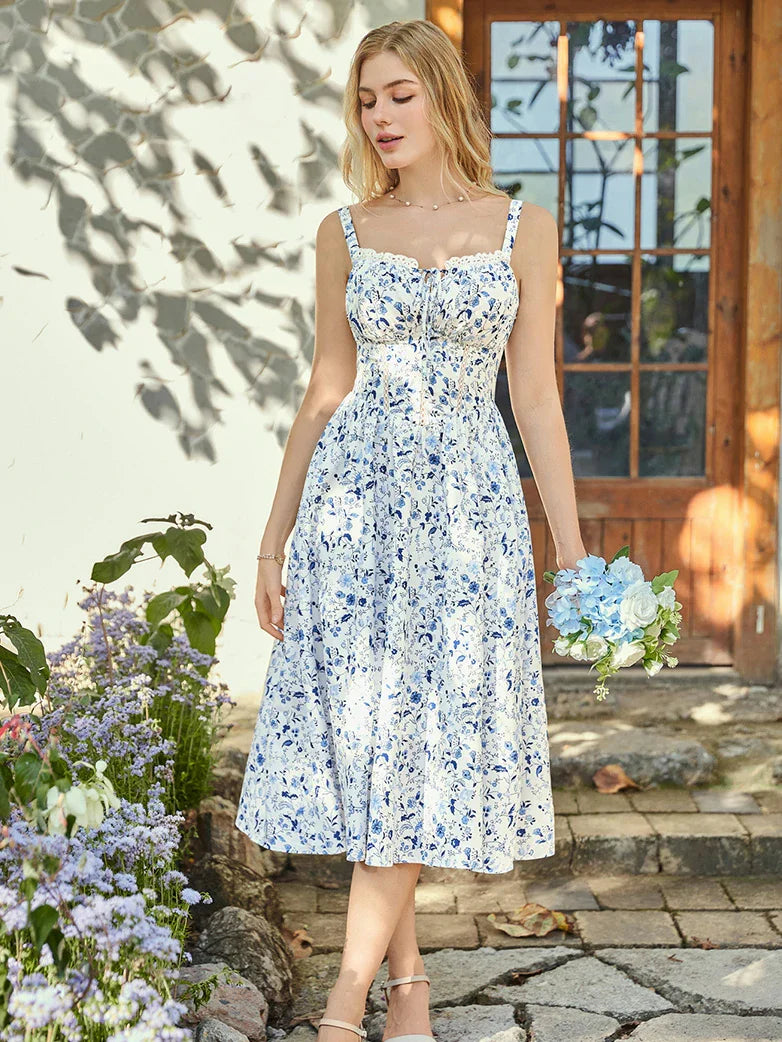 Spring Victorian Floral Pockets Milkmaid Corset Dress