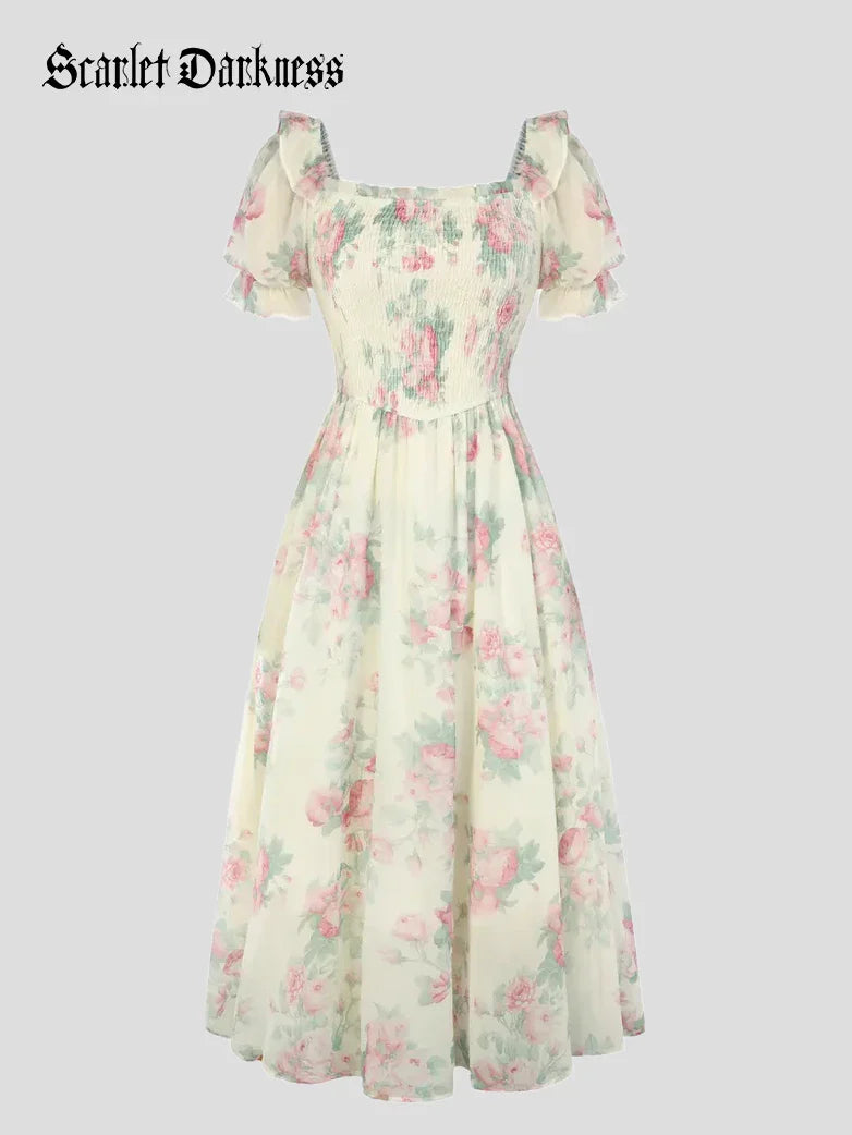 ARLETTE™ - Puff-Sleeve Chiffon Pocket Dress