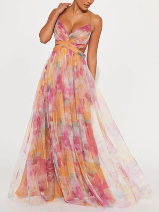 Ombeline™ - Painted Floral Print V-Neck Maxi Dress