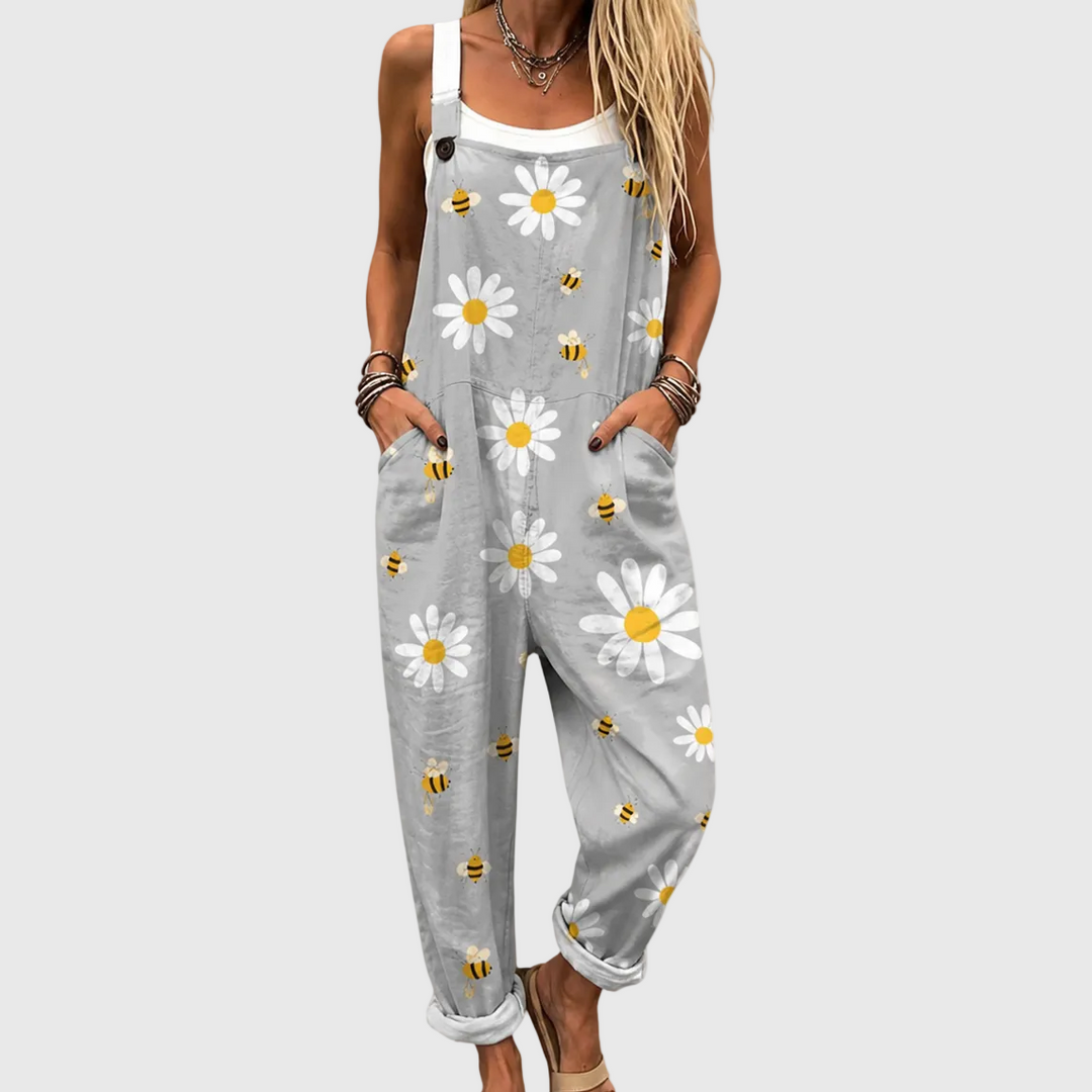 THALIA - Daisy and Bee Print Wide-Leg Overalls