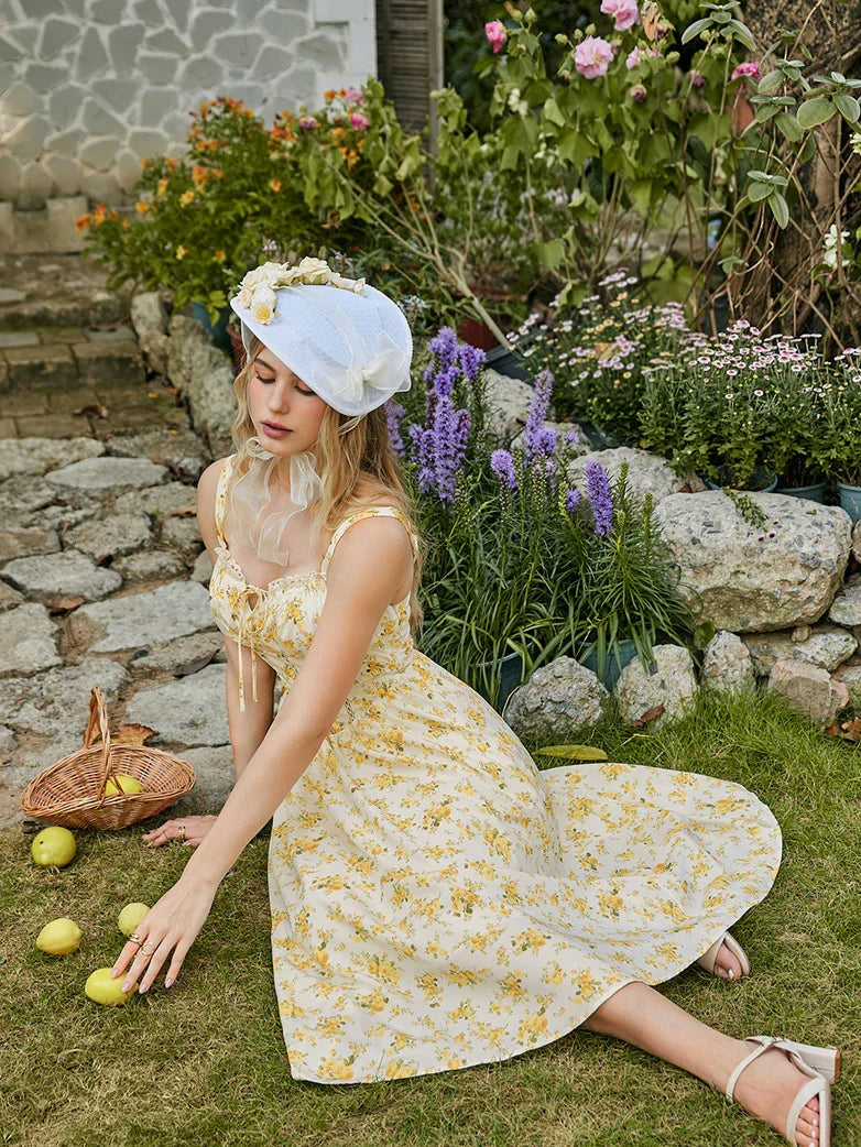Spring Victorian Floral Pockets Milkmaid Corset Dress