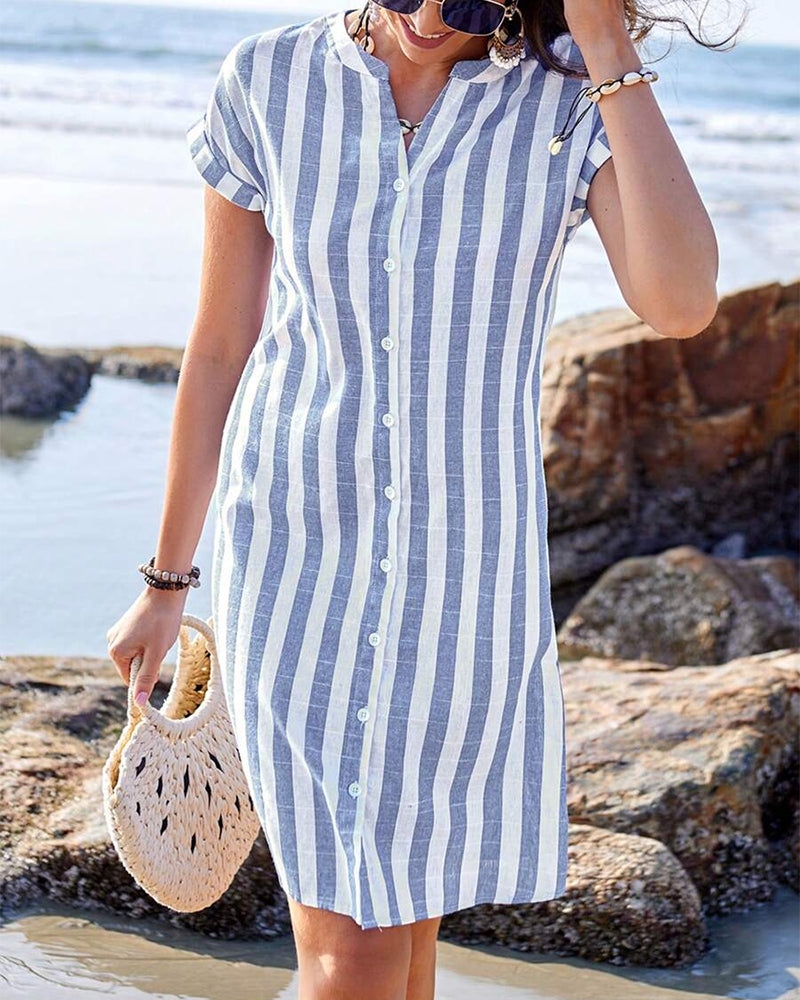 JULISSA™ – Elegant Striped Button Midi Dress