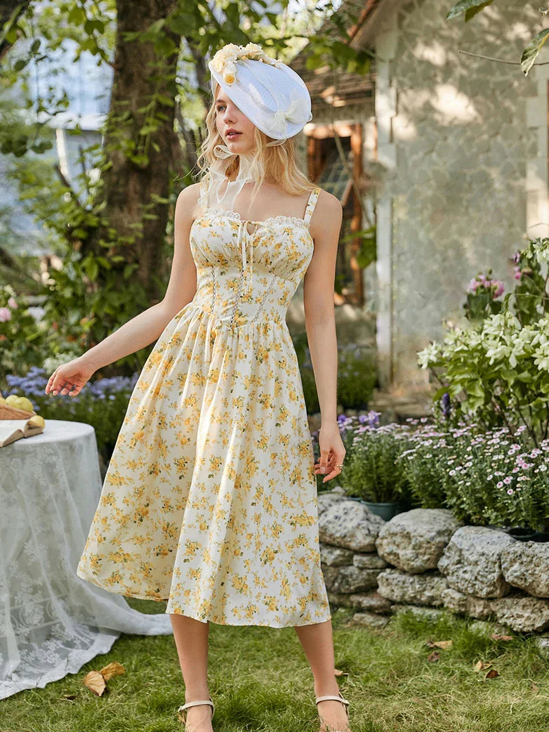 Spring Victorian Floral Pockets Milkmaid Corset Dress