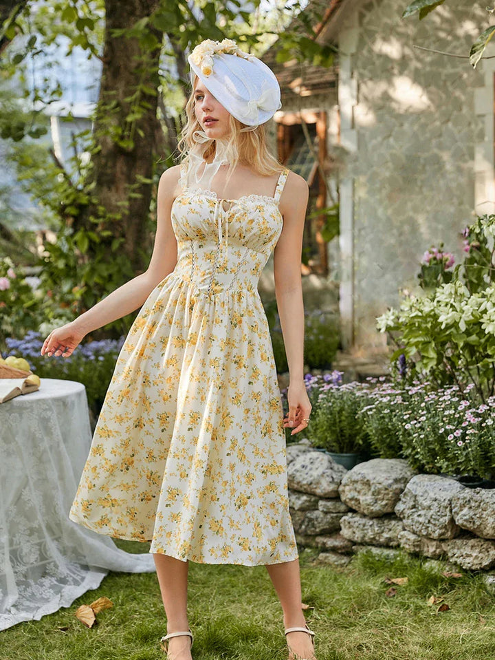 Spring Victorian Floral Pockets Milkmaid Corset Dress