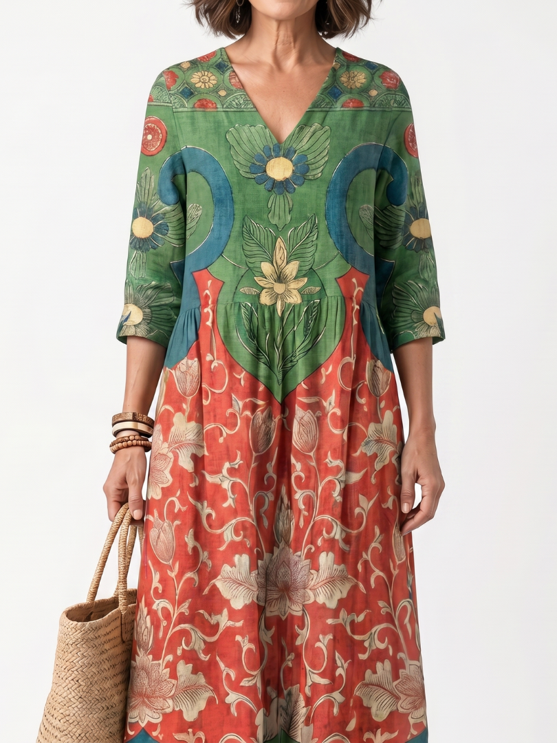 XAVIERE - Mixed Print V-Neck Pocket Midi Dress