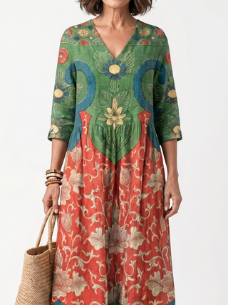 XAVIERE - Mixed Print V-Neck Pocket Midi Dress