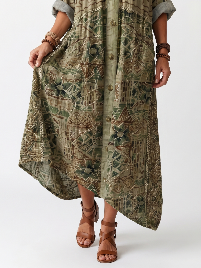 URSULE - Button-Front Embroidered Midi Dress