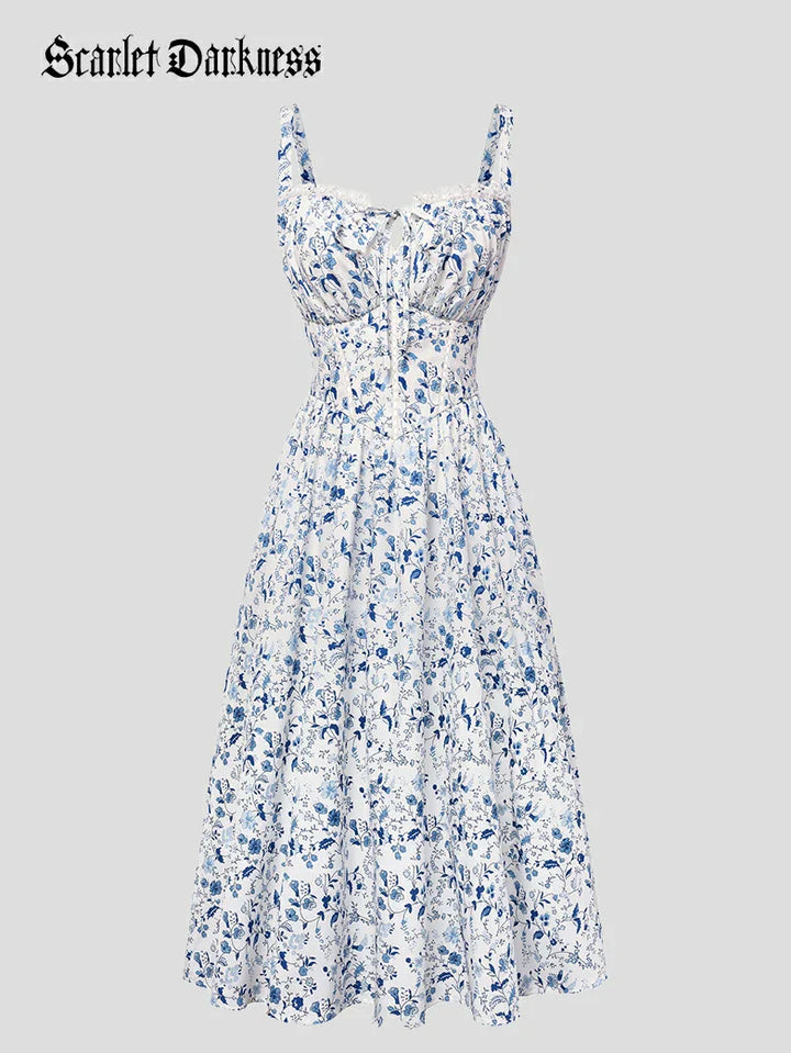Spring Victorian Floral Pockets Milkmaid Corset Dress