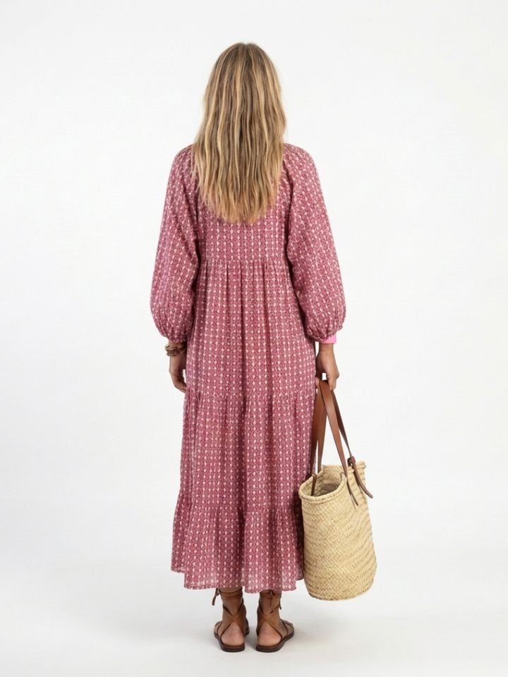 DOMINIQUE - Geometric Long-Sleeve Midi Dress