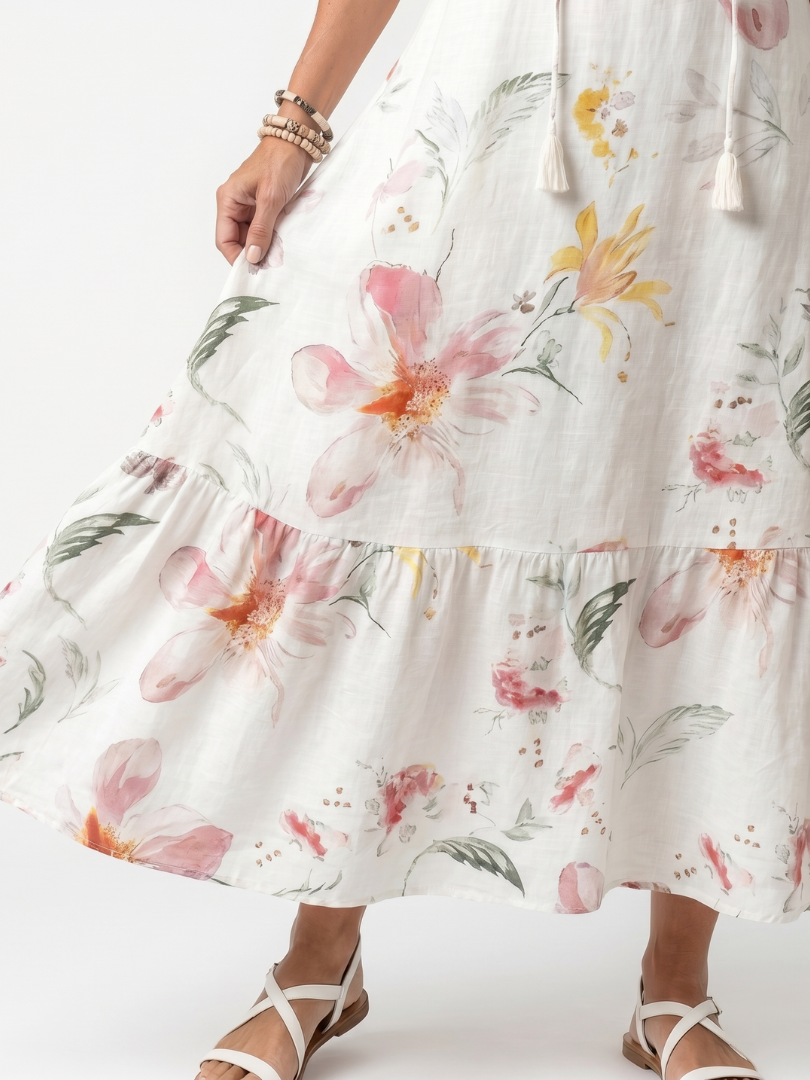 LOUISON - Soft Floral Tiered Tassel Midi Dress