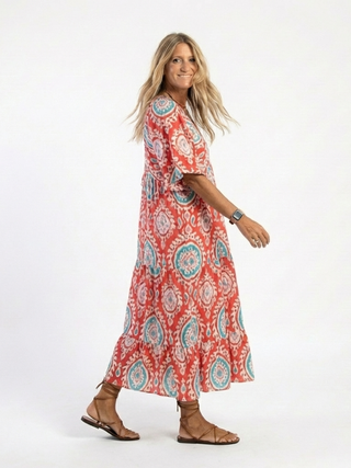 EDMEE - Paisley V-Neck Short-Sleeve Midi Dress