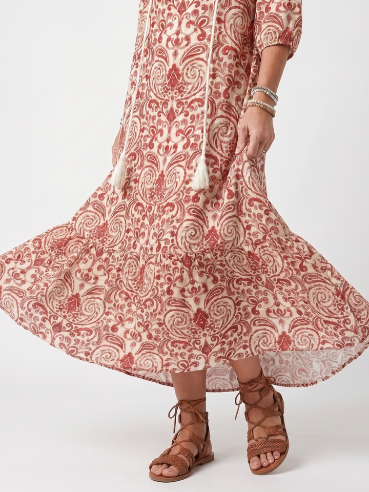 KATELL - Ornate Print Tassel-Tie Midi Dress