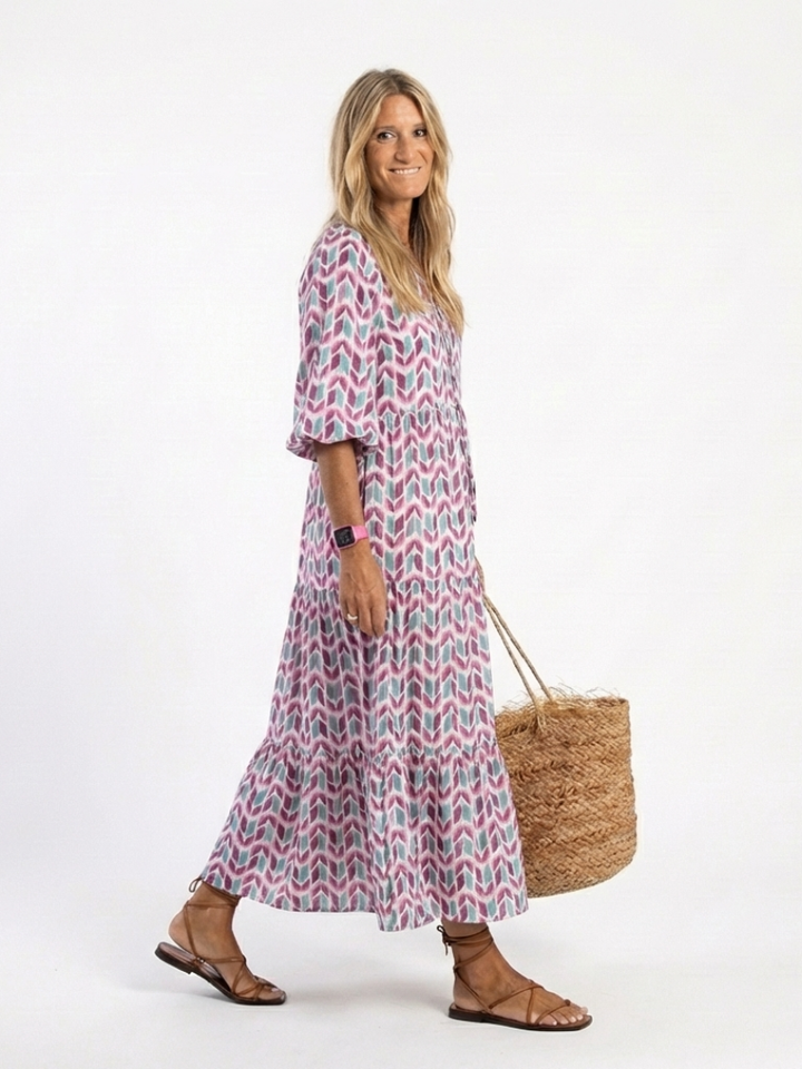 JACINTHE - Geometric Long-Sleeve Tiered Midi Dress