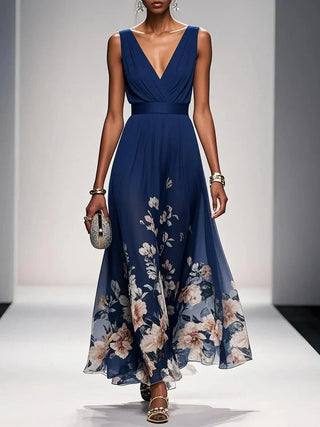 Sidonie™ - Light Blue Floral Chiffon V-Neck Maxi Dress