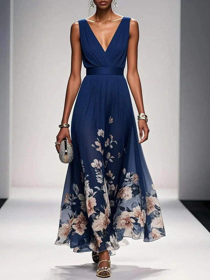 Sidonie™ - Light Blue Floral Chiffon V-Neck Maxi Dress