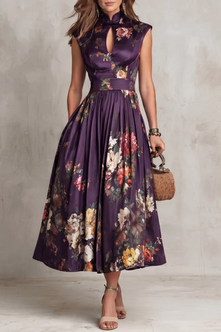 Black Keyhole Collar Floral Pleated Satin Midi Dress