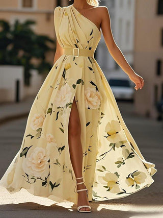 Magnolia™ - Light Green Floral Chiffon One-Shoulder Maxi Dress