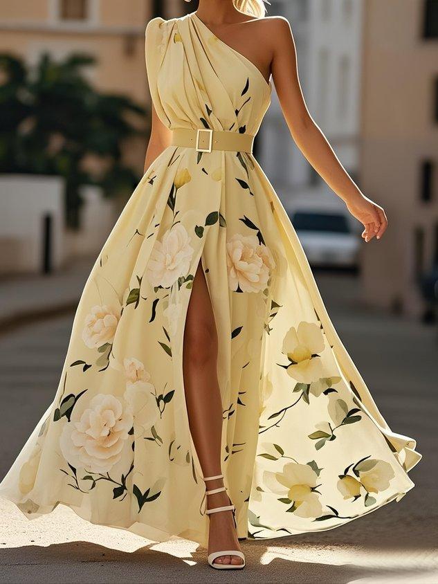Magnolia™ - Light Green Floral Chiffon One-Shoulder Maxi Dress