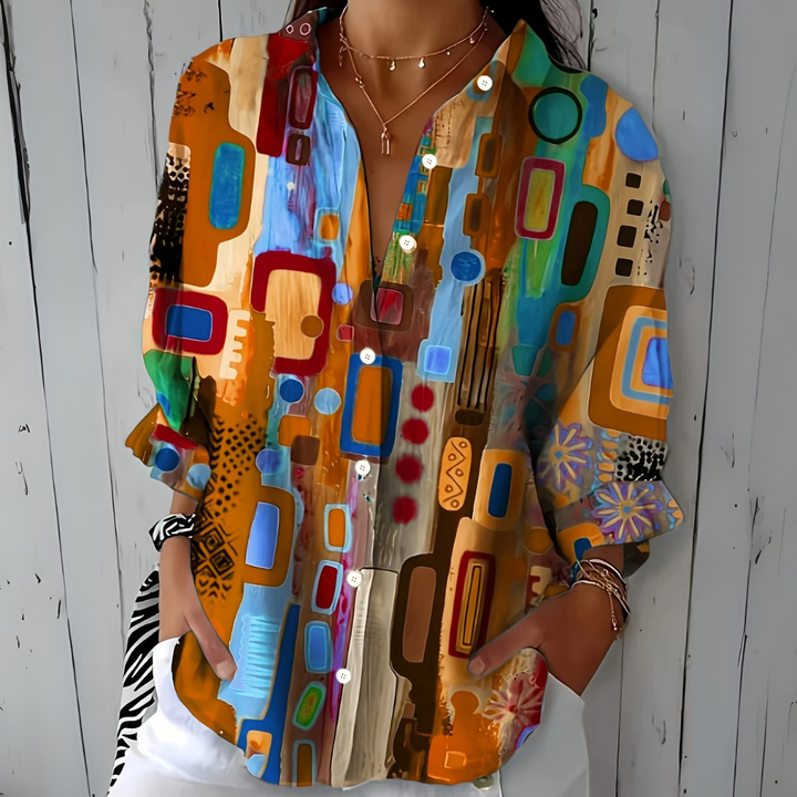 Delphine - Vibrant Artistic Button-Up Blouse