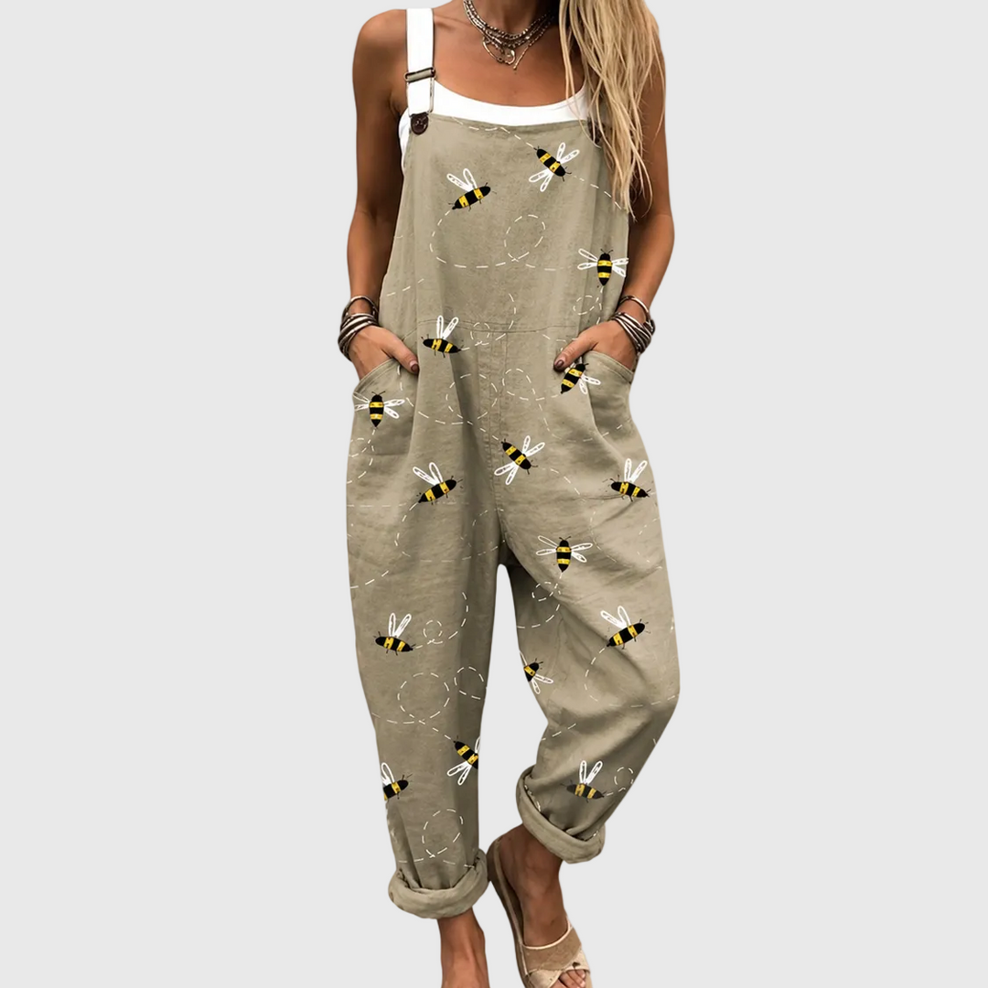 SASKIA - Khaki Bee Print Overalls