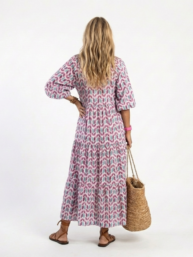 JACINTHE - Geometric Long-Sleeve Tiered Midi Dress