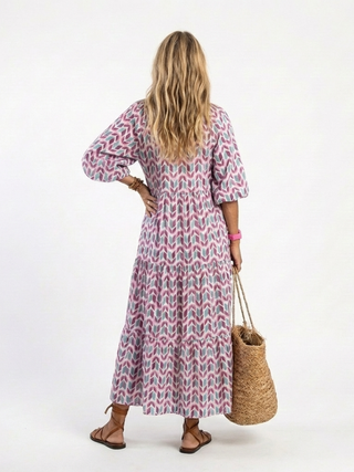 JACINTHE - Geometric Long-Sleeve Tiered Midi Dress