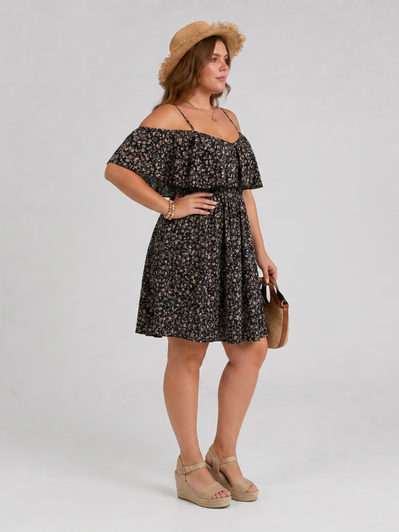 Iolanthe™ - Cold Shoulder Ruffle Overlay Knee Length Dress
