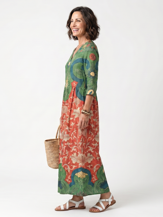 XAVIERE - Mixed Print V-Neck Pocket Midi Dress