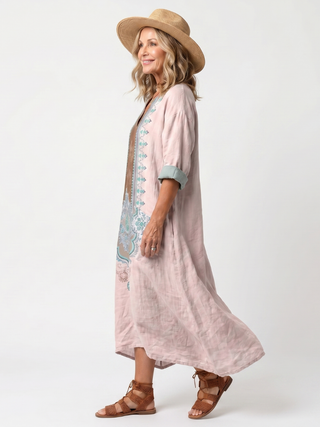 VIOLAINE - Embroidered Panel Pocket Midi Dress