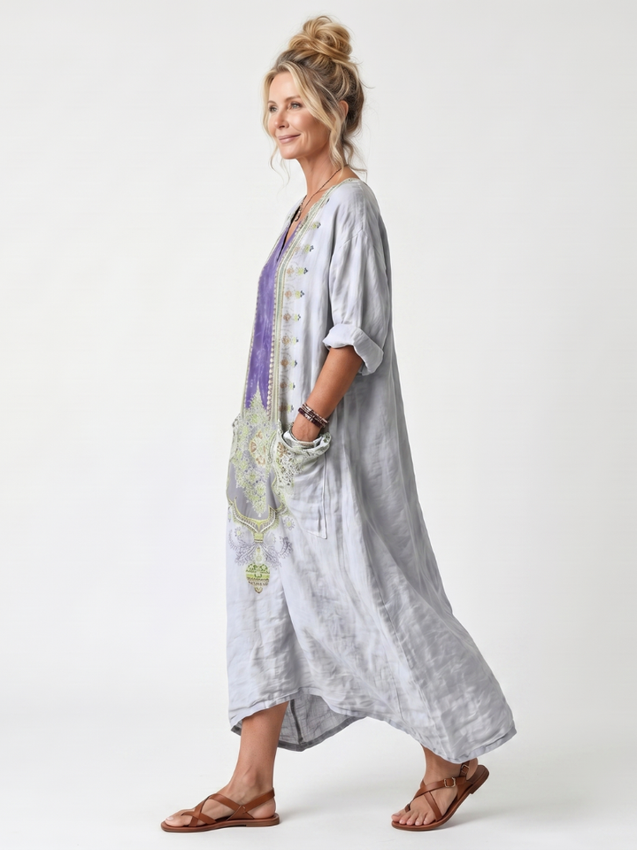REINE - Contrast Panel Embroidered Midi Dress