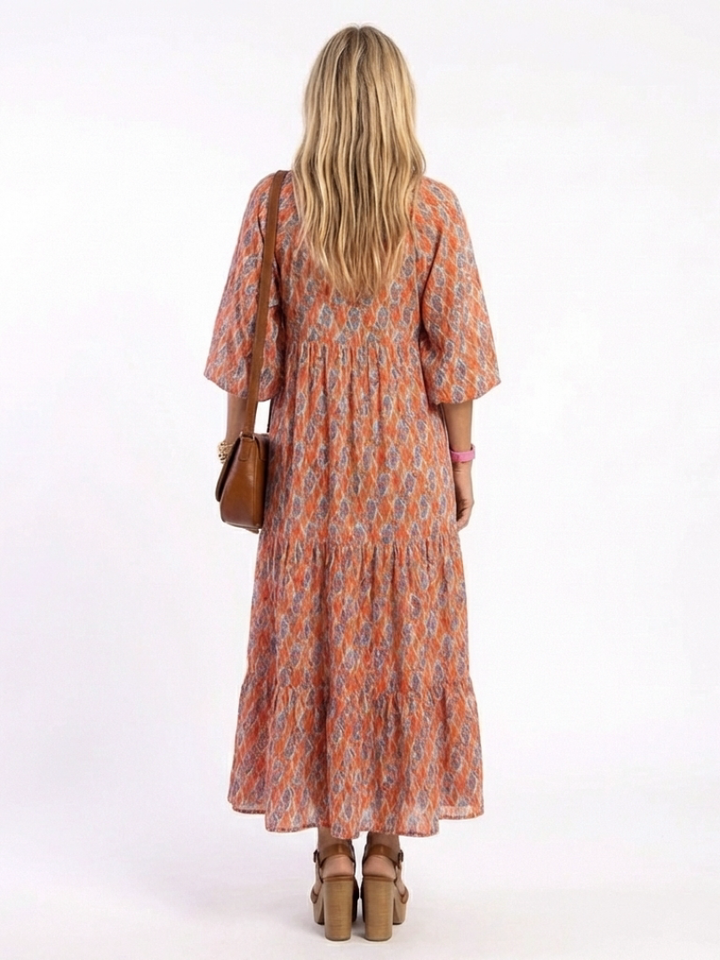 DELIA - Geometric V-Neck Tiered Midi Dress