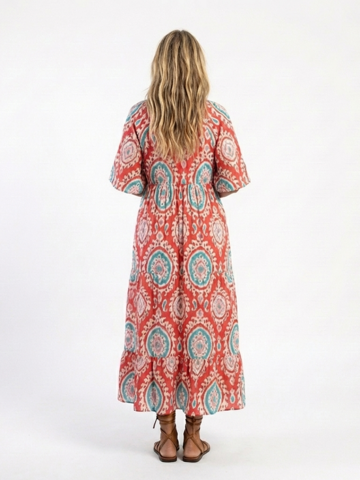 EDMEE - Paisley V-Neck Short-Sleeve Midi Dress