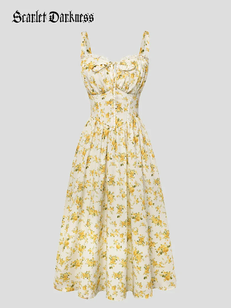 Spring Victorian Floral Pockets Milkmaid Corset Dress