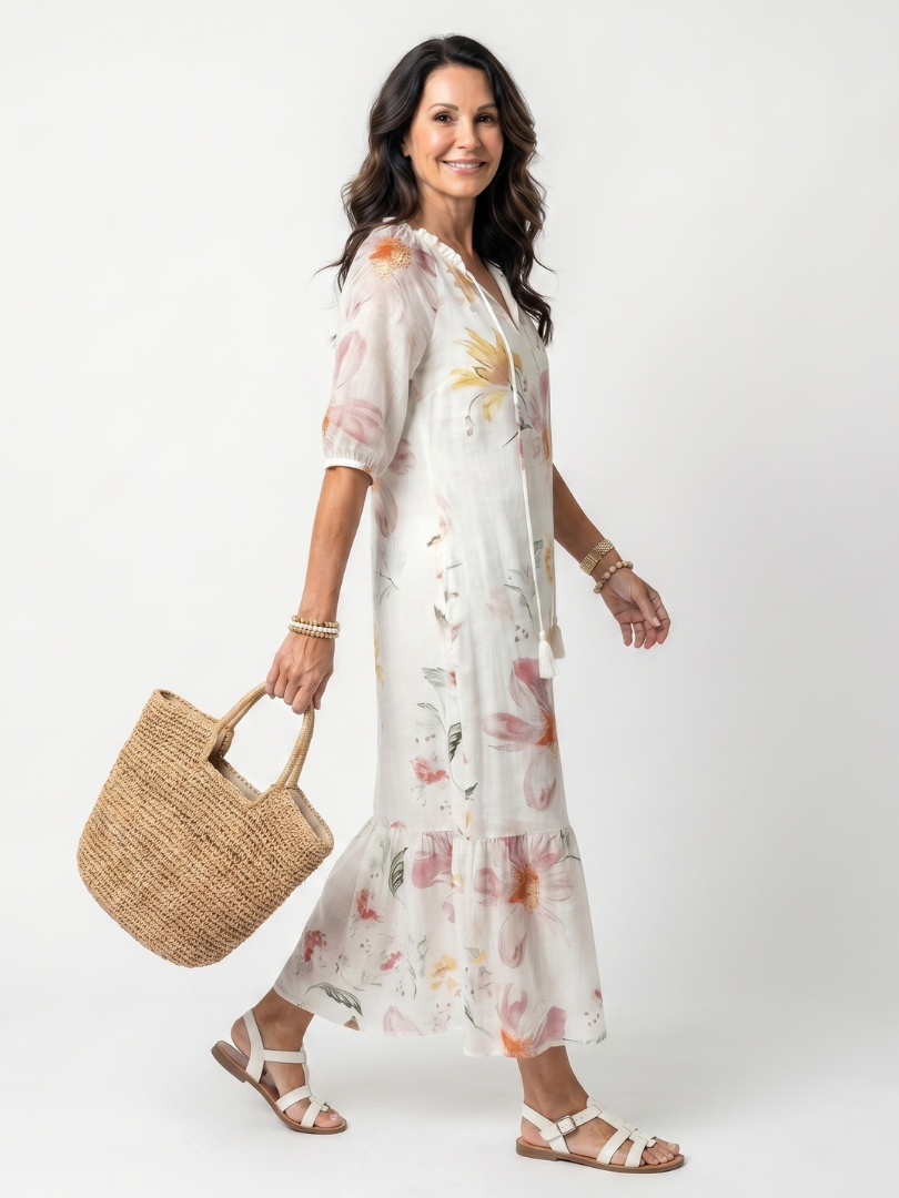 LOUISON - Soft Floral Tiered Tassel Midi Dress