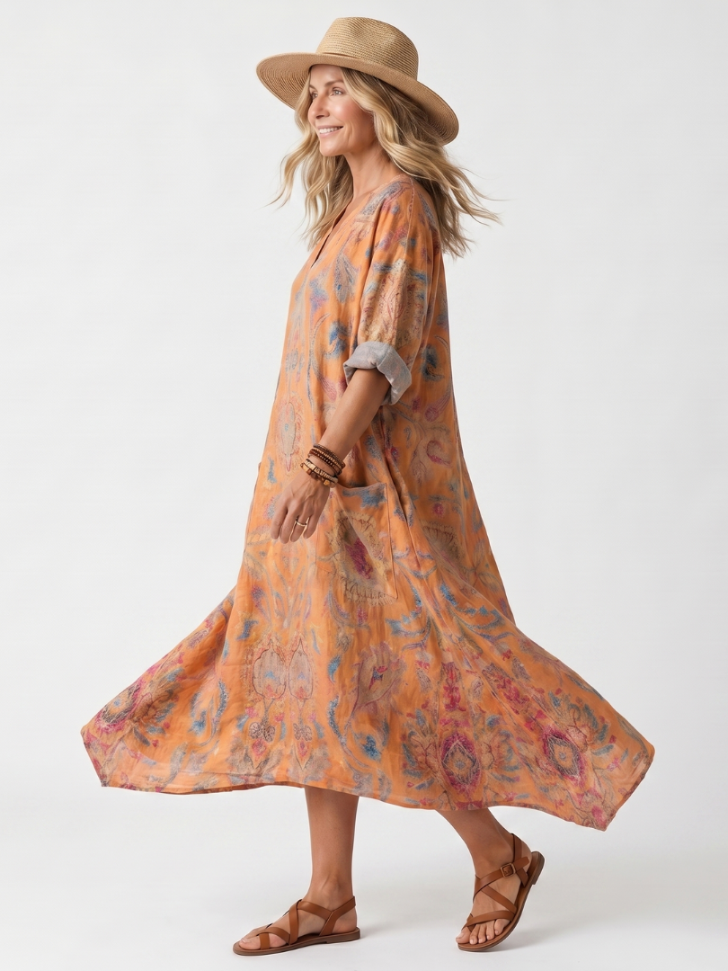 PAULINE - Notch Neck Printed Pocket Midi Dress