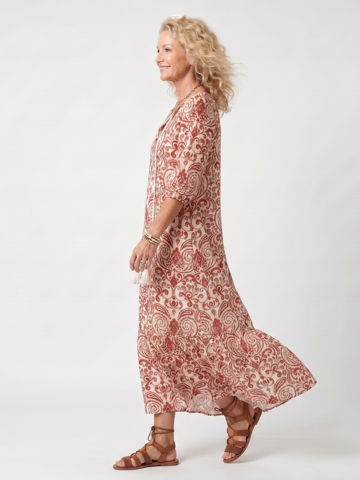 KATELL - Ornate Print Tassel-Tie Midi Dress