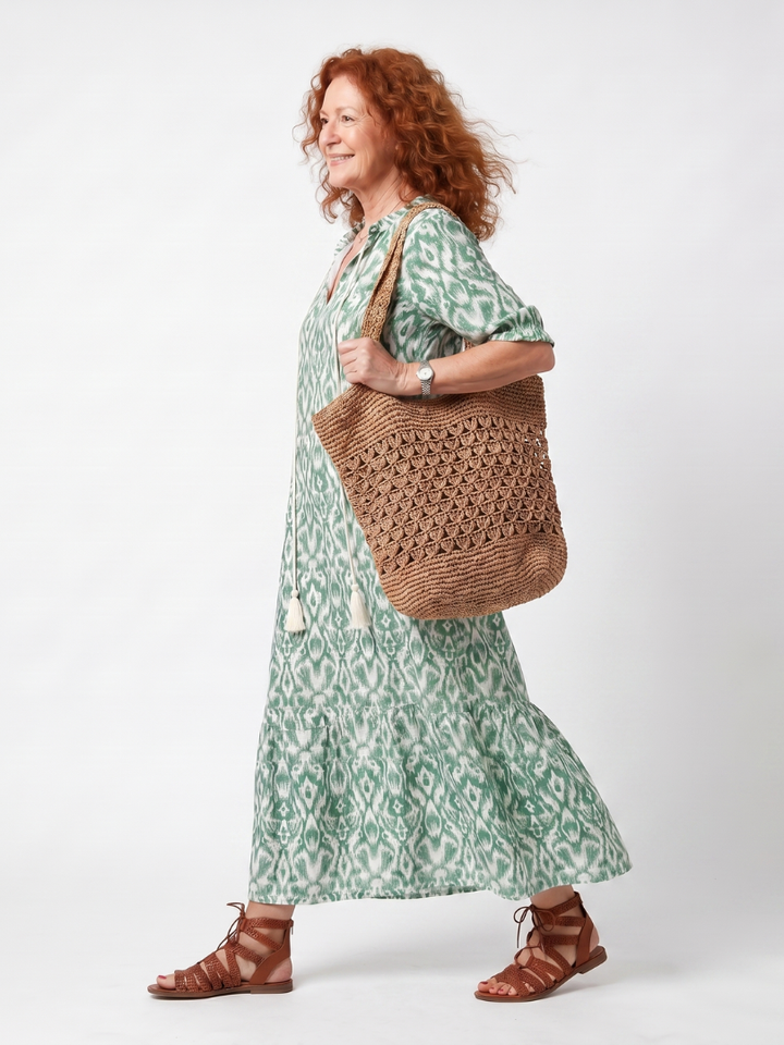PRISCA - Pattern V-Neck Tassel Midi Dress