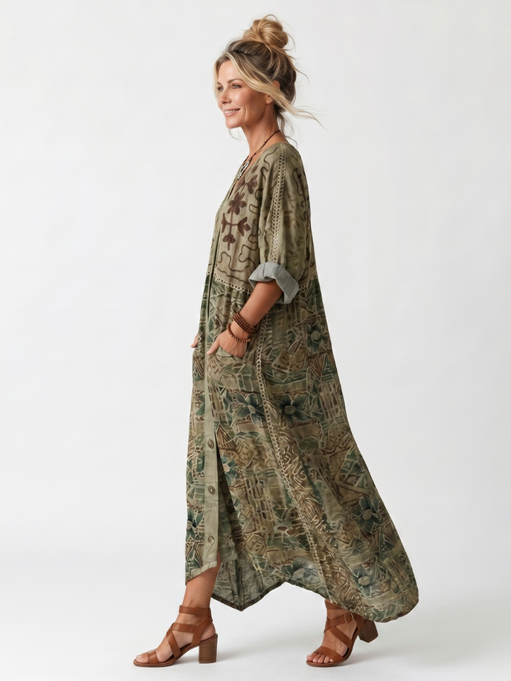 URSULE - Button-Front Embroidered Midi Dress
