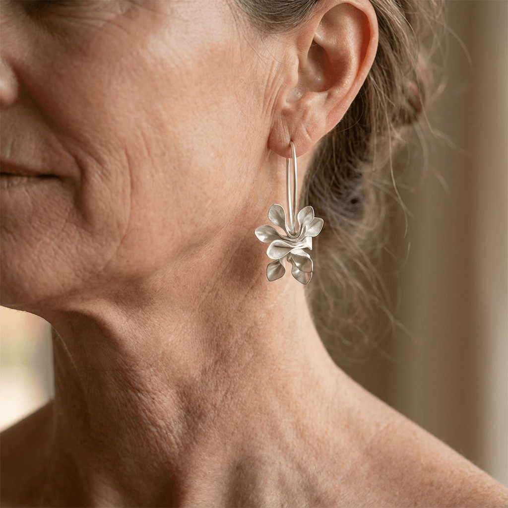 BERNADETTE - Silver Floral Hoop Drops