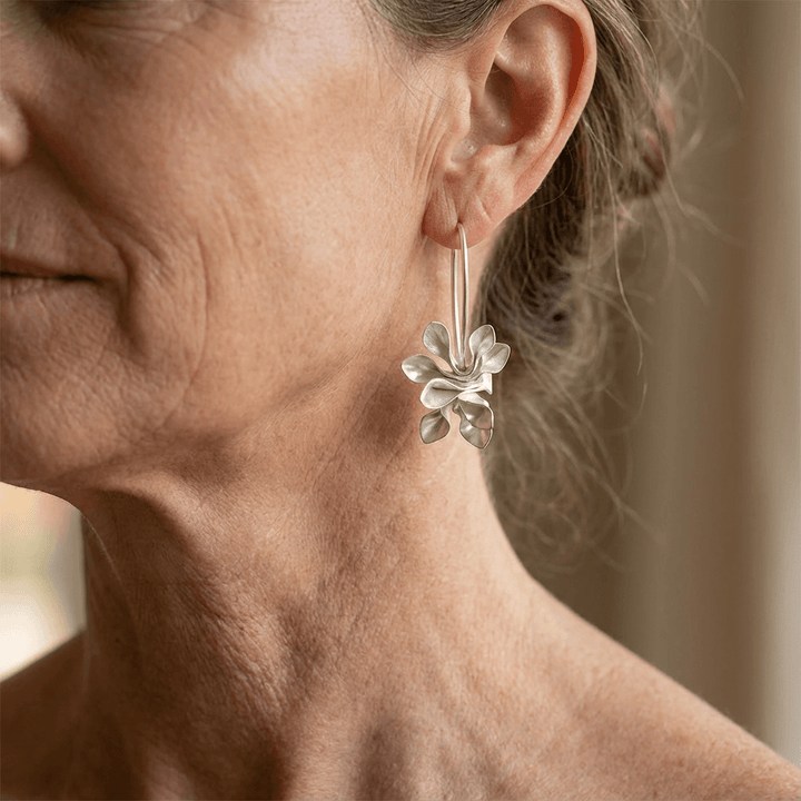 BERNADETTE - Silver Floral Hoop Drops