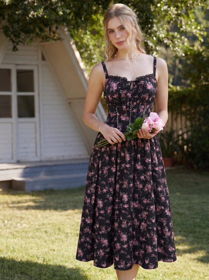 Spring Victorian Floral Pockets Milkmaid Corset Dress