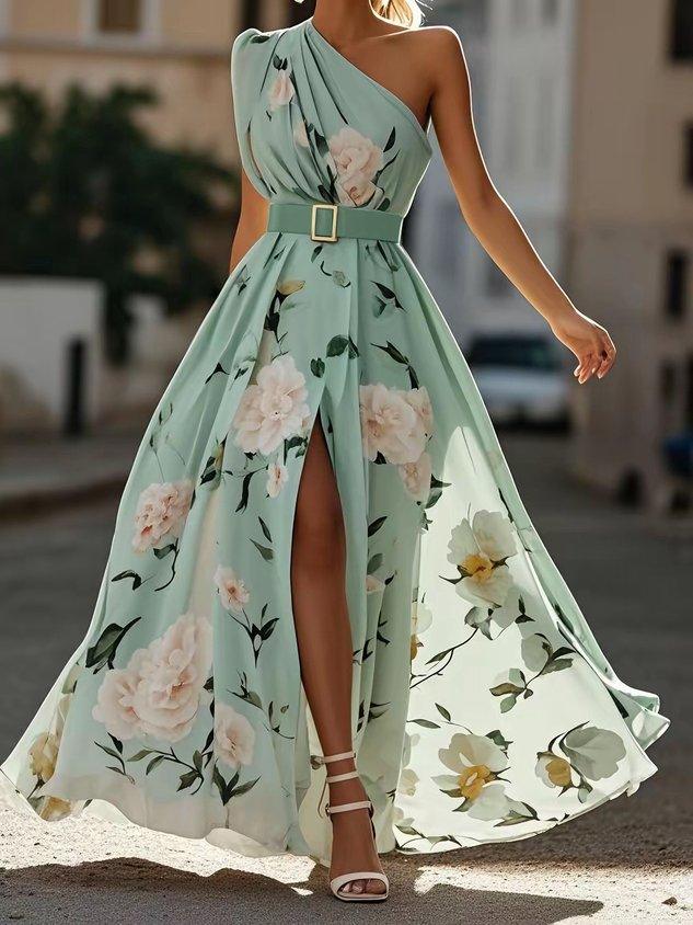 Magnolia™ - Light Green Floral Chiffon One-Shoulder Maxi Dress